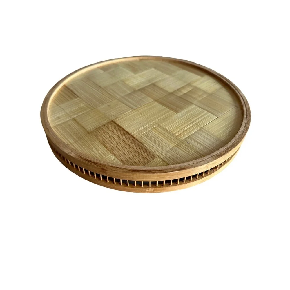 Decorative Round Bamboo & Glass Tray With Floral Design